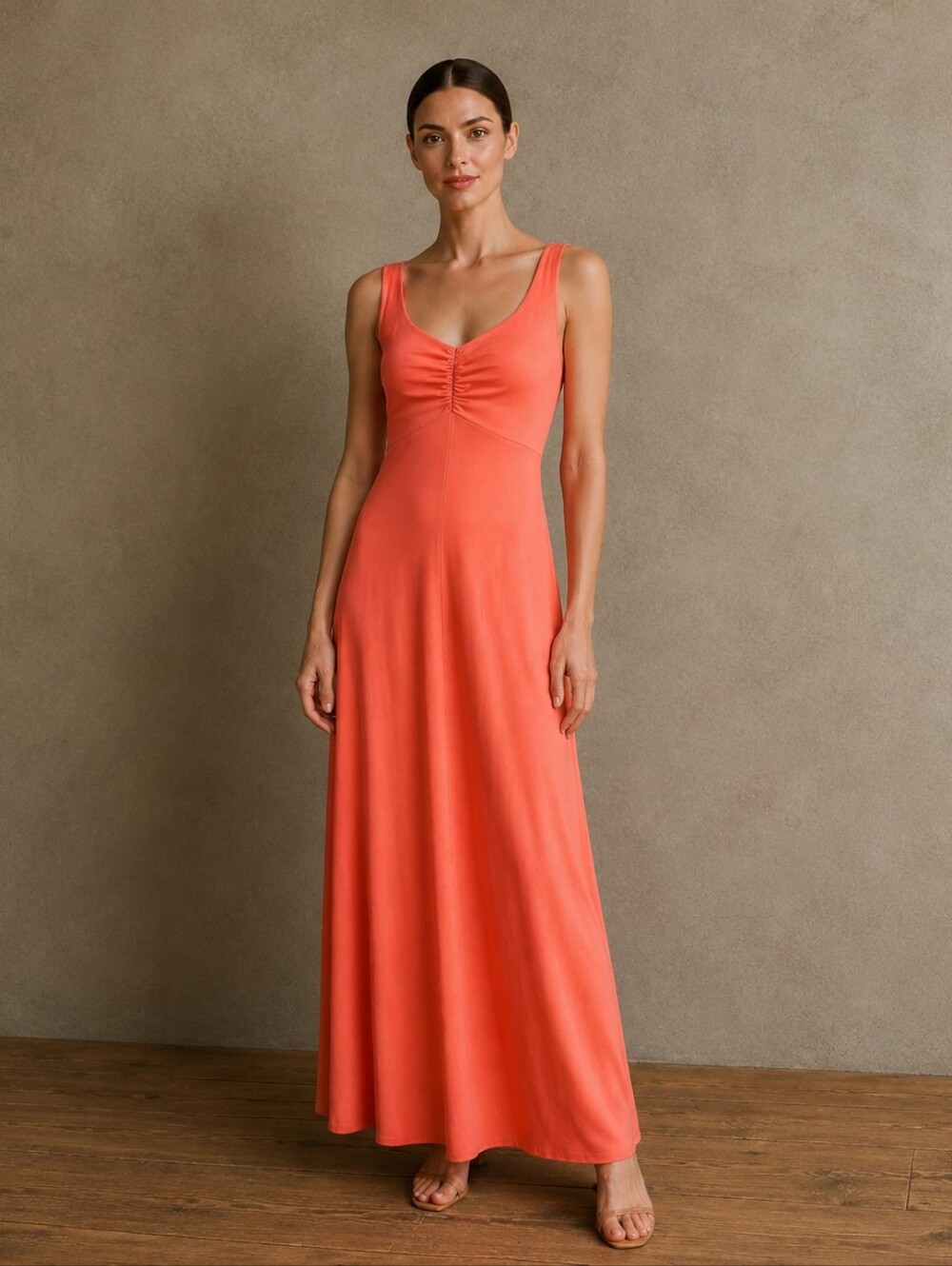 Vintage 70s Coral Maxi Dress Evening Ruched Stretch Party Retro Size Small